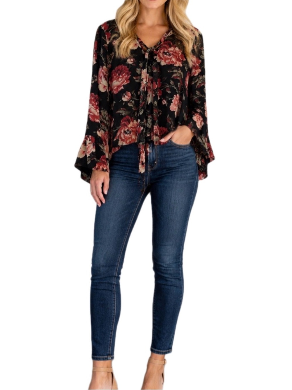 Pleione Womens Lace Up Tie Neck Top Small Multicolor Floral Bell Sleeve Boho
